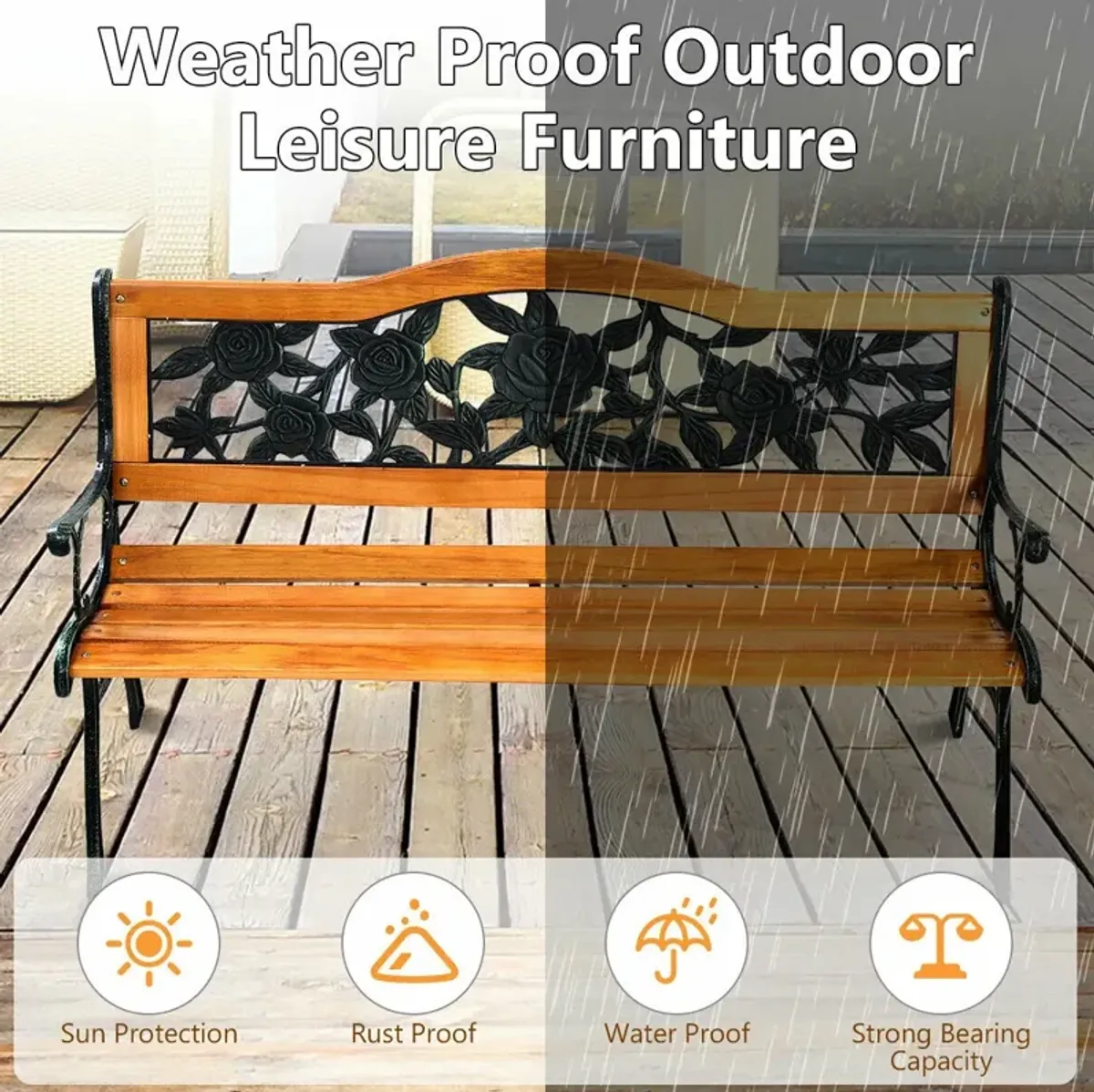 Garden Bench Chair Outdoor Wooden Loveseat with Iron Armrest