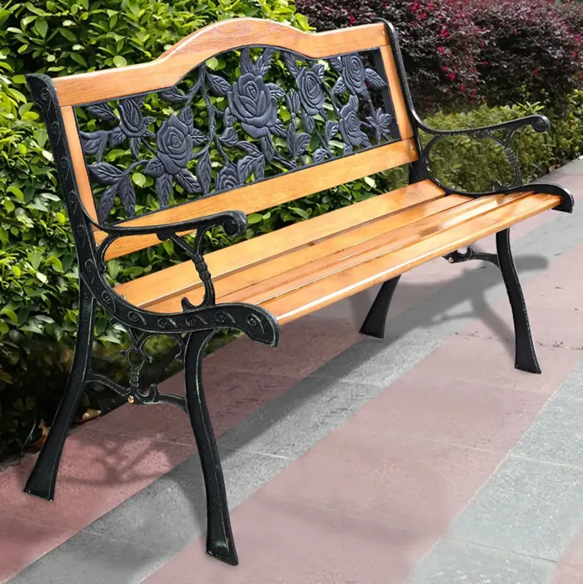 Garden Bench Chair Outdoor Wooden Loveseat with Iron Armrest