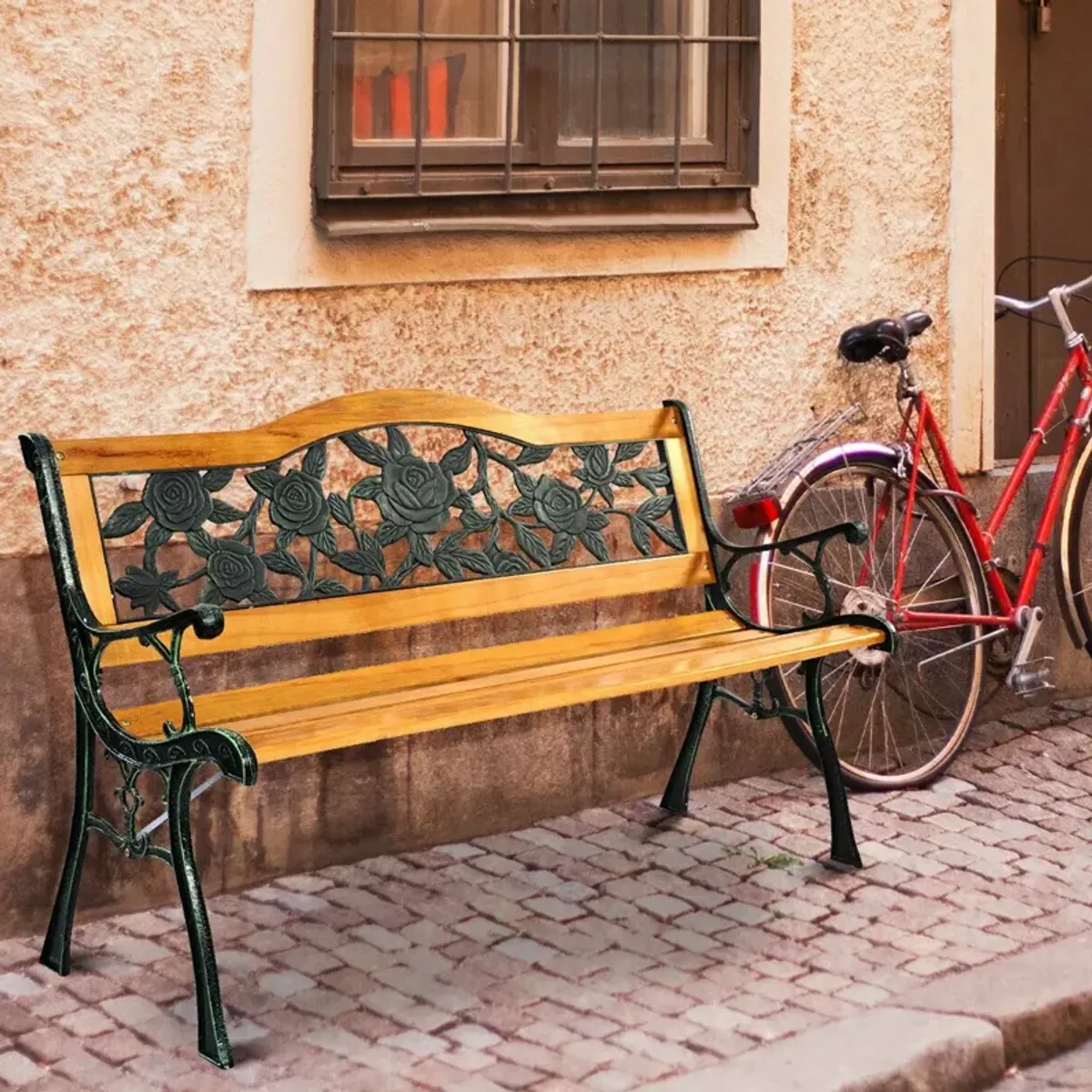 Garden Bench Chair Outdoor Wooden Loveseat with Iron Armrest