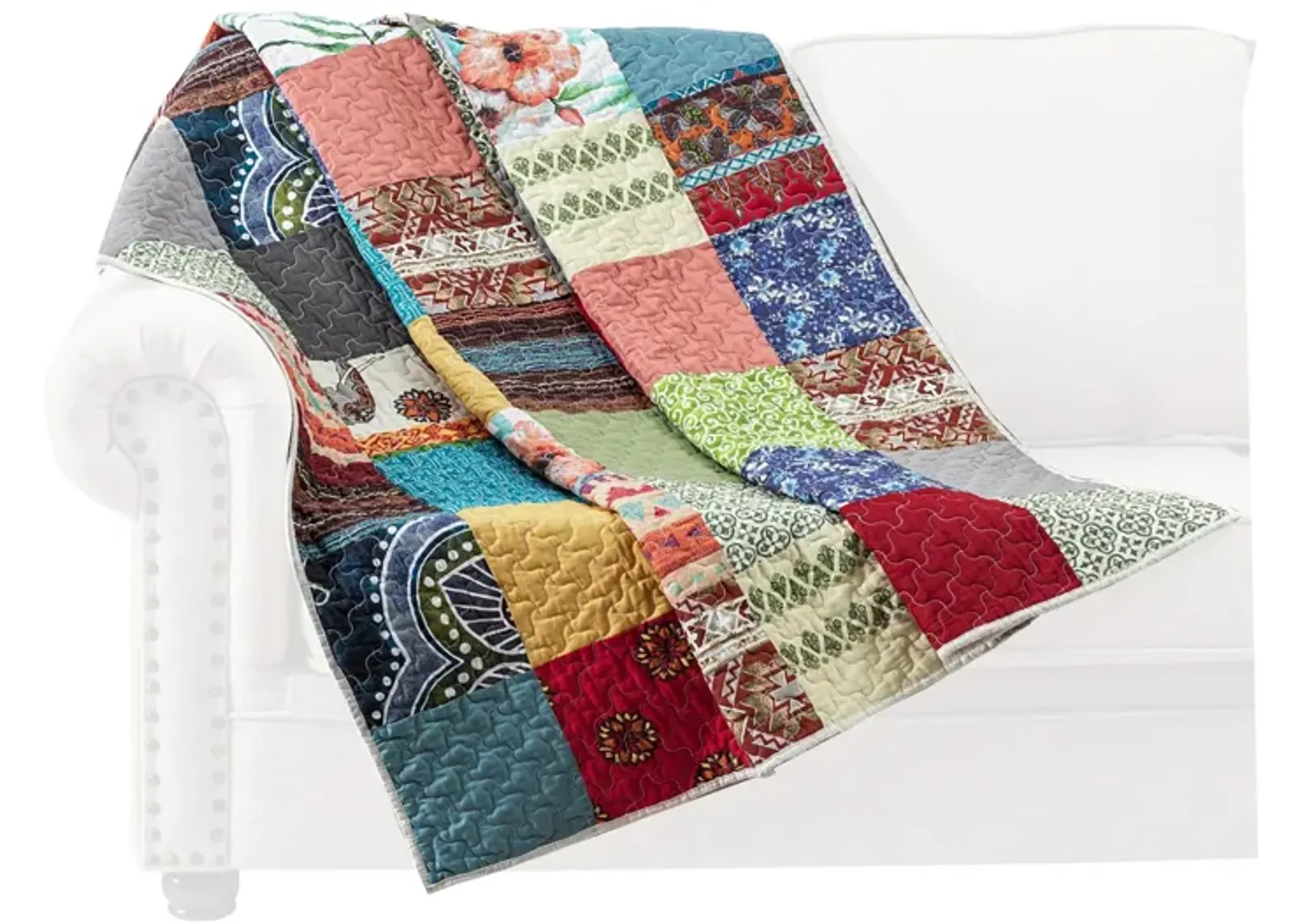 Lily 50 x 60 Inch Quilted Patchwork Throw Blanket, Multicolor Cotton Strips - Benzara