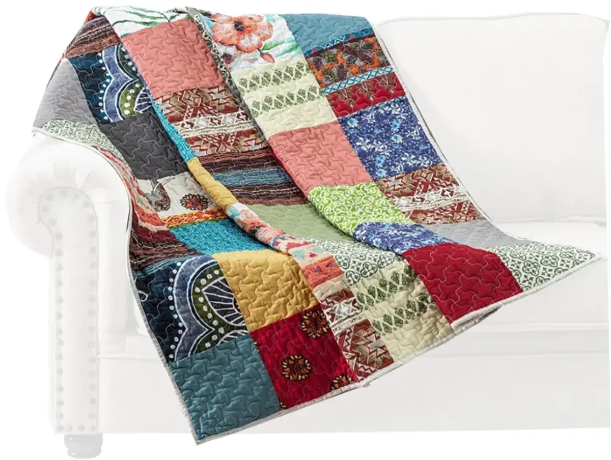 Lily 50 x 60 Inch Quilted Patchwork Throw Blanket, Multicolor Cotton Strips - Benzara