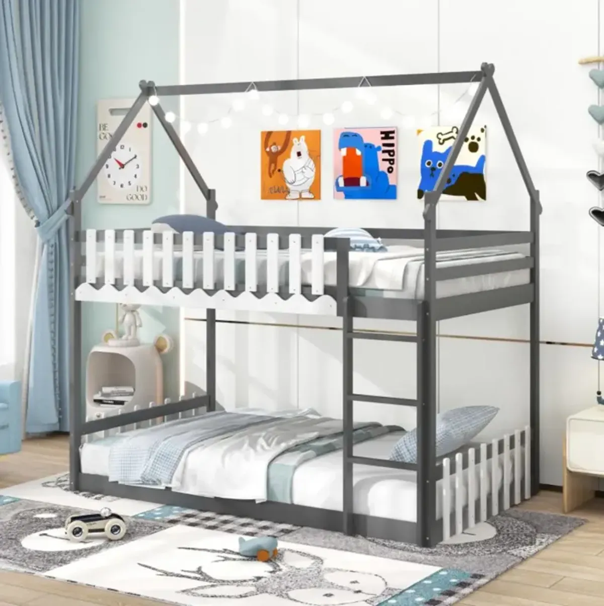 Hivvago Twin Over Twin Bunk Bed with Fence and Ladder for Kids