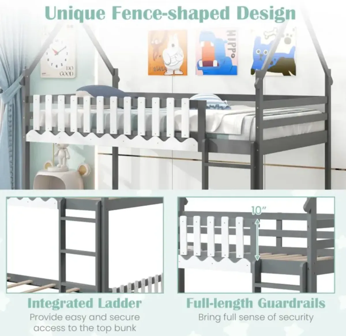 Hivvago Twin Over Twin Bunk Bed with Fence and Ladder for Kids