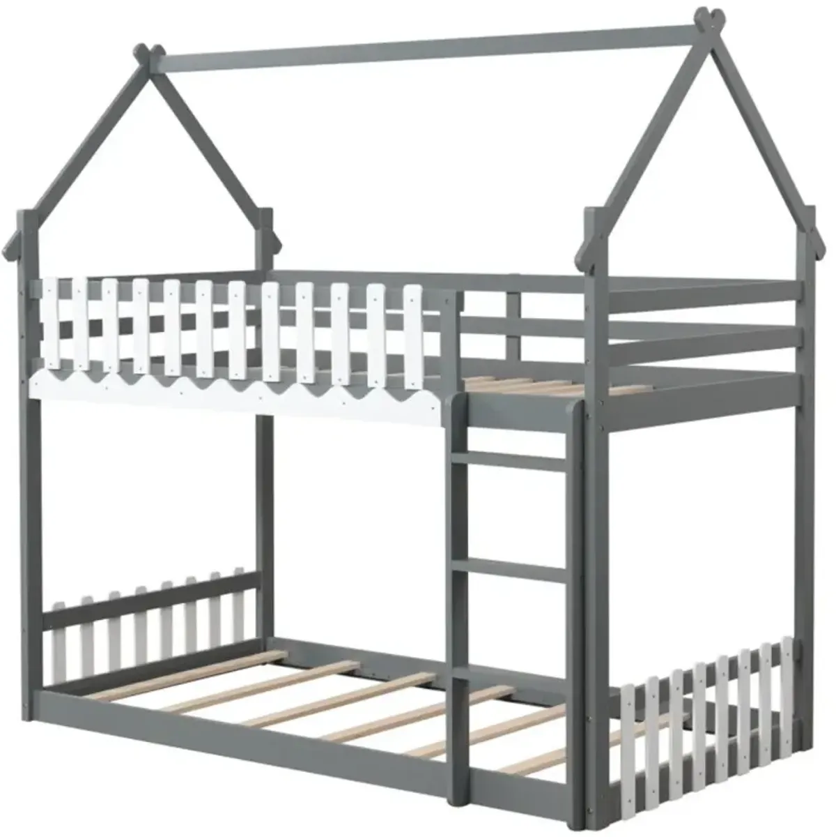 Hivvago Twin Over Twin Bunk Bed with Fence and Ladder for Kids