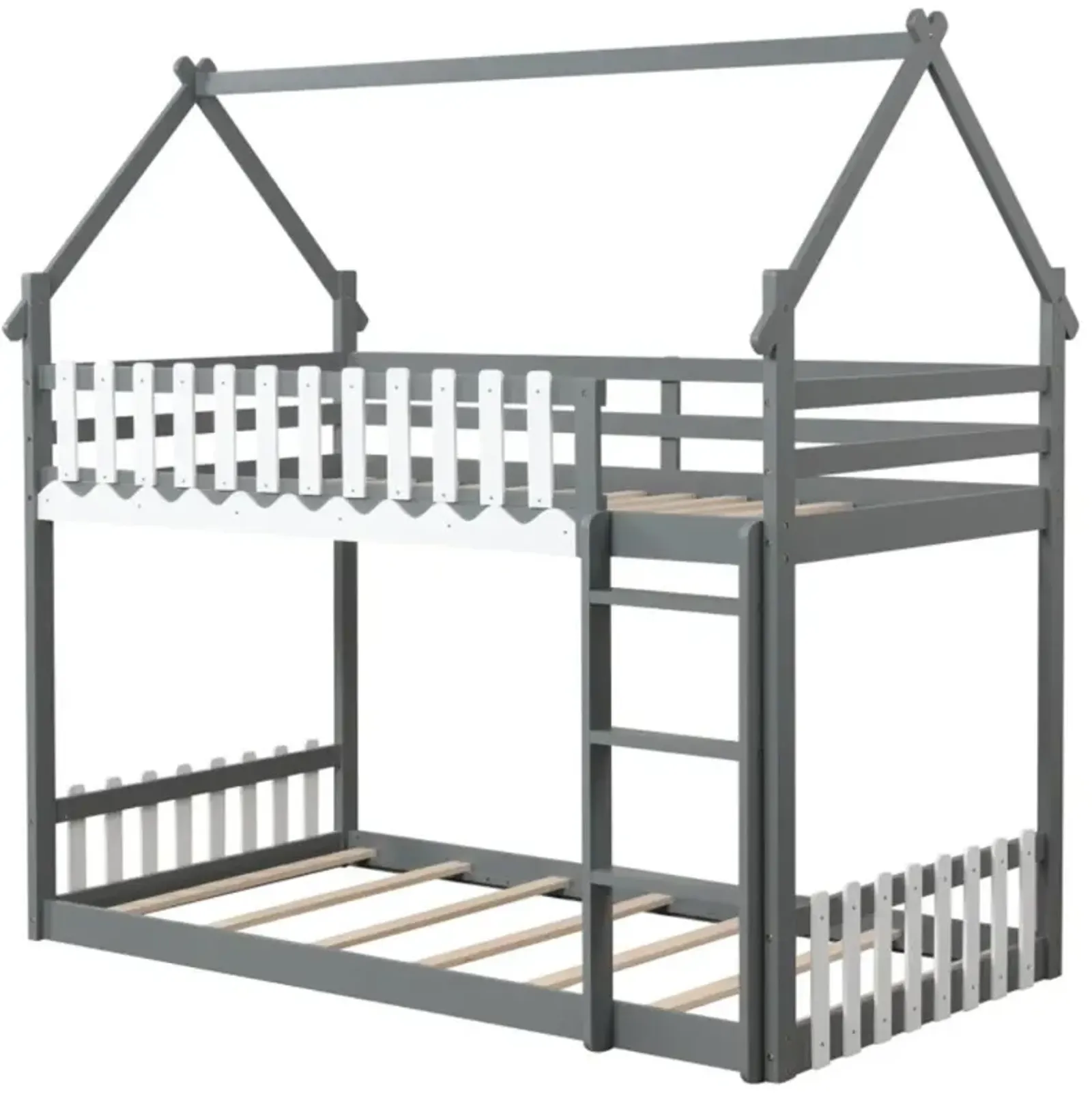 Hivvago Twin Over Twin Bunk Bed with Fence and Ladder for Kids