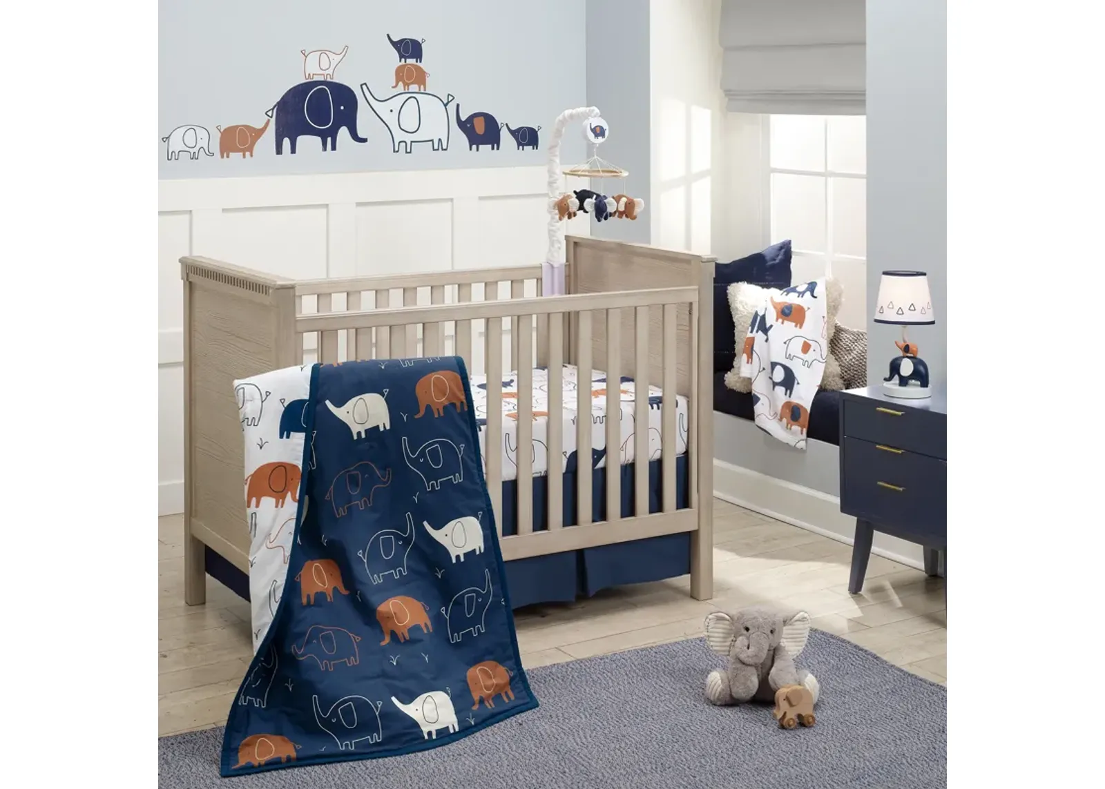 Lambs & Ivy Playful Elephant Blue/White Cotton 3-Piece Baby Crib Bedding Set