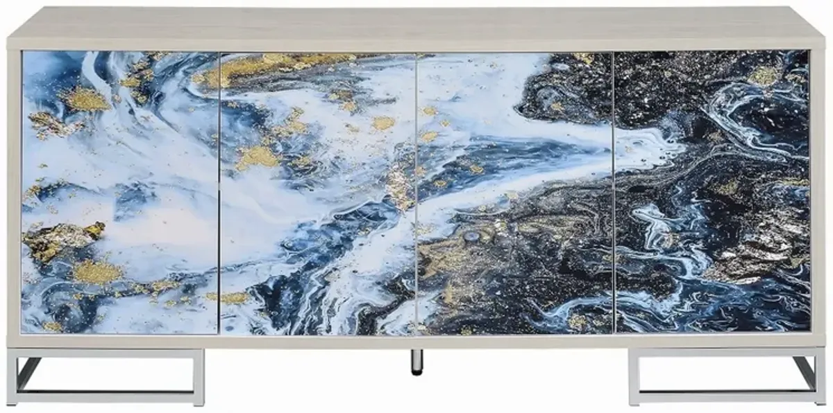 Sideboard Console Cabinet, 4 Door, 65 Inch Blue Marble Paint, White - Benzara