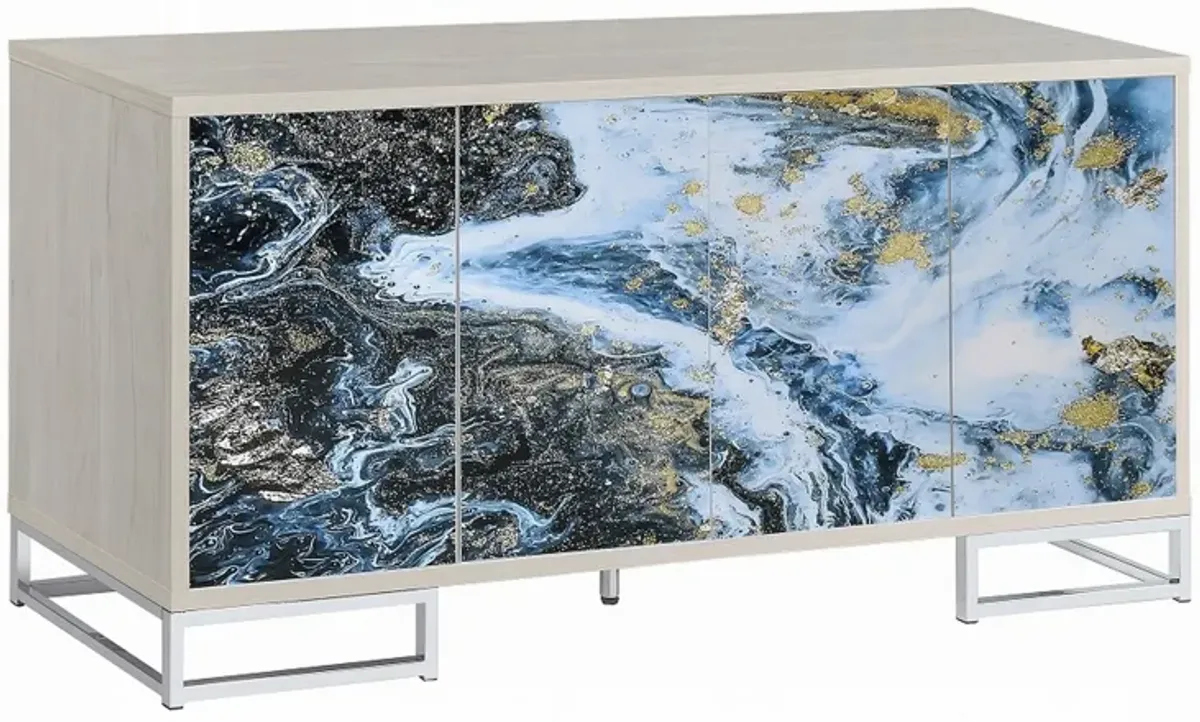 Sideboard Console Cabinet, 4 Door, 65 Inch Blue Marble Paint, White - Benzara