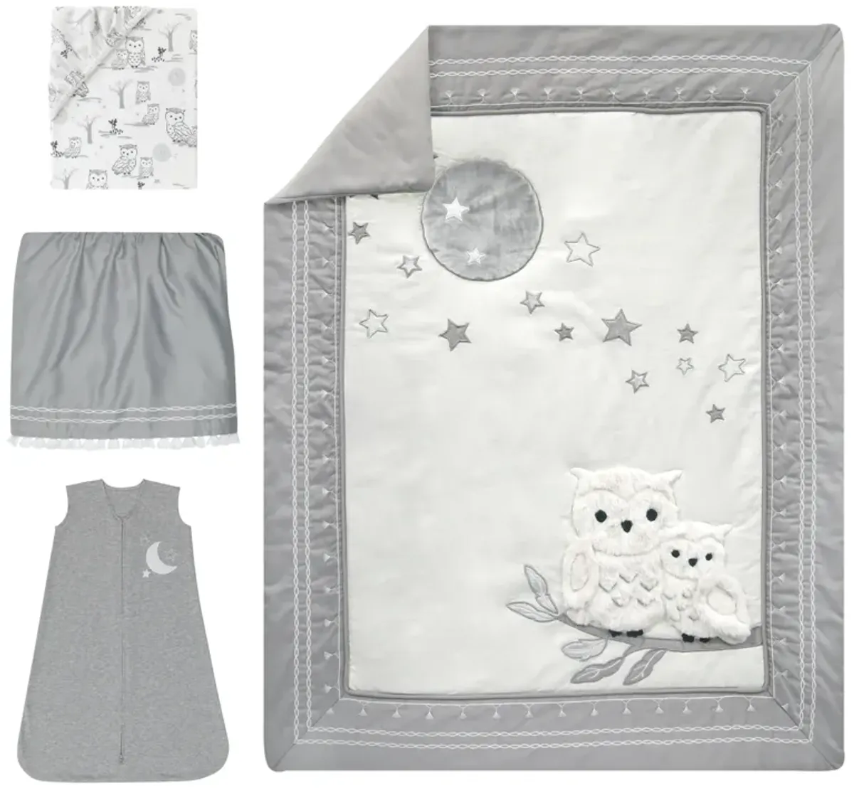 Lambs & Ivy Luna White/Gray Celestial Owl 4-Piece Nursery Baby Crib Bedding Set