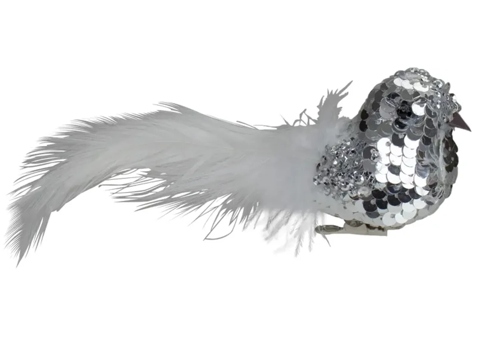 6" Silver Sequin Bird With White Feathers Clip On Christmas Ornament