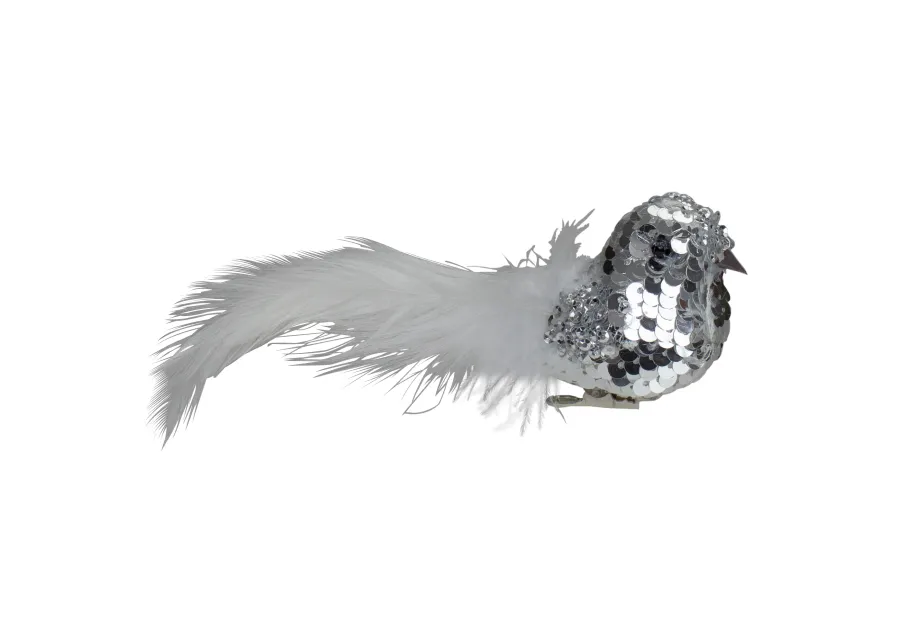 6" Silver Sequin Bird With White Feathers Clip On Christmas Ornament