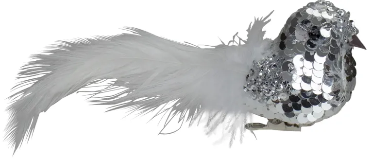 6" Silver Sequin Bird With White Feathers Clip On Christmas Ornament