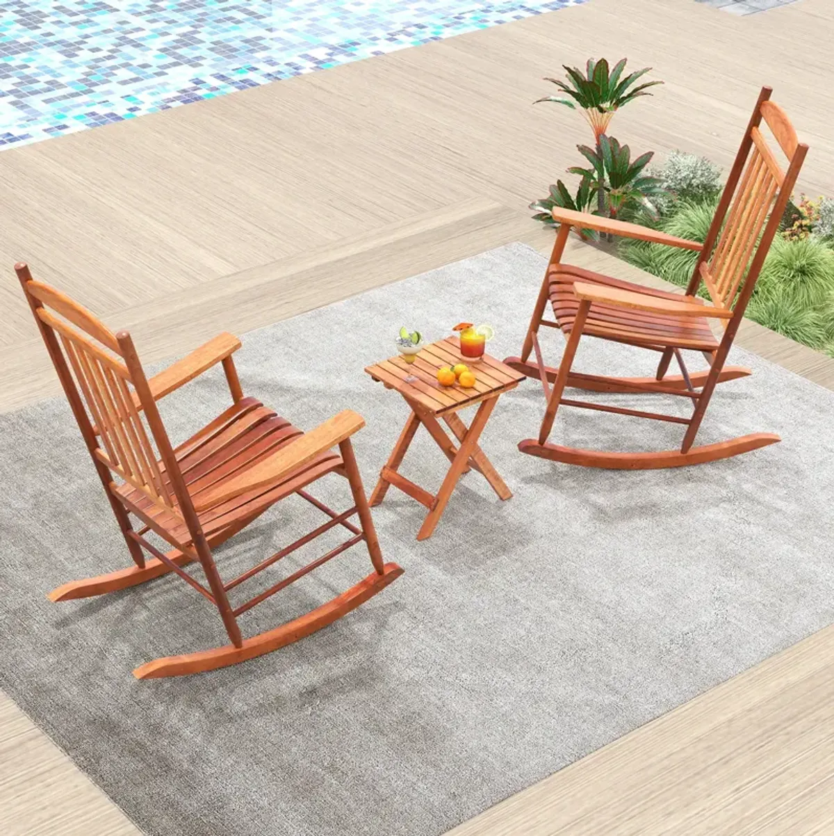 3-Piece Outdoor Poplar Wood Rocking Bistro Set – Patio Chairs and Table Combo