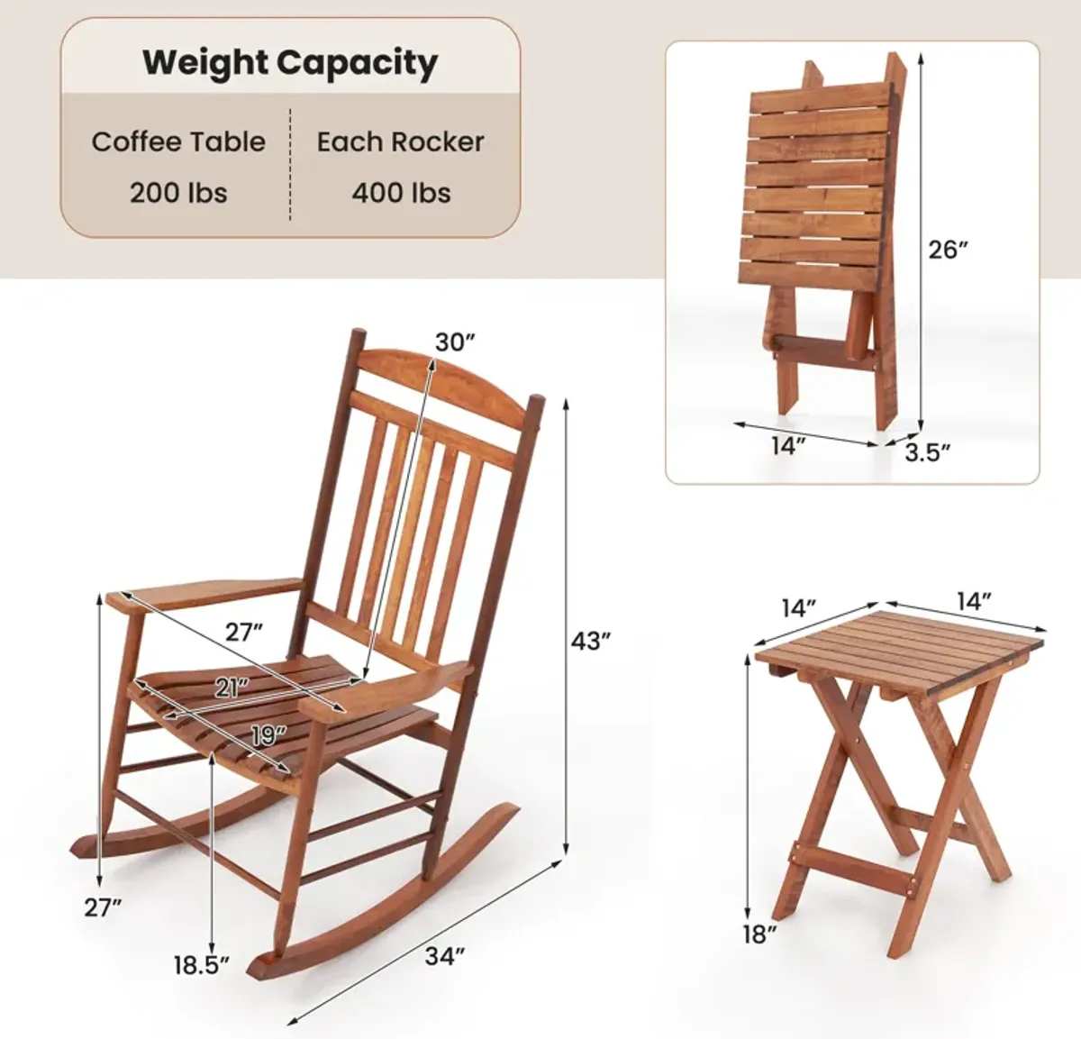 3-Piece Outdoor Poplar Wood Rocking Bistro Set – Patio Chairs and Table Combo