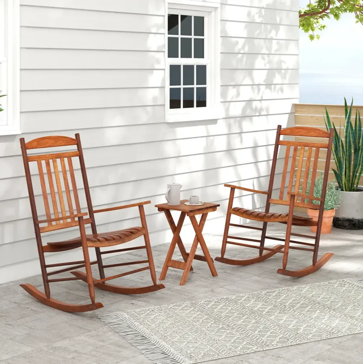 3-Piece Outdoor Poplar Wood Rocking Bistro Set – Patio Chairs and Table Combo