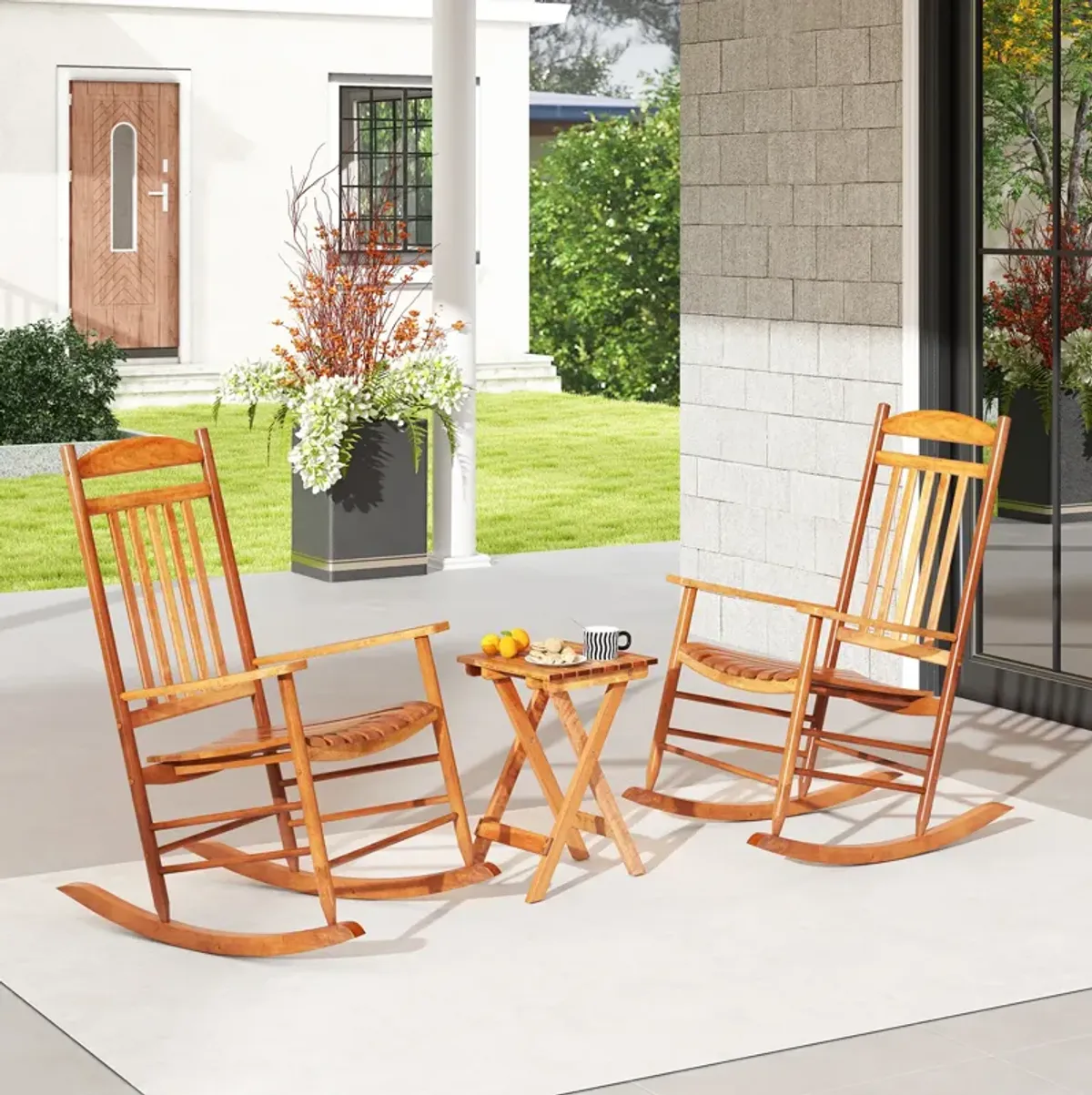 3-Piece Outdoor Poplar Wood Rocking Bistro Set – Patio Chairs and Table Combo