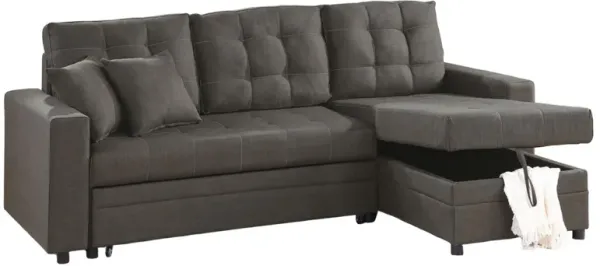 Deli L Sectional Sofa w Storage Chaise and Pull Out Bed, Ash Black  - Benzara