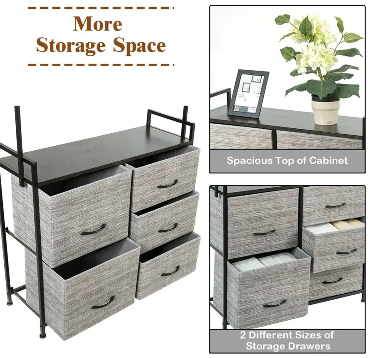 5 Fabric Drawers Dresser with Metal Frame and Wooden Top