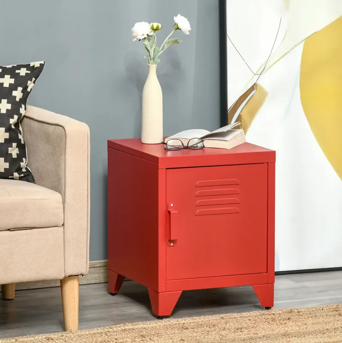 HOMCOM Industrial End Table, Living Room Side Table with Locker-Style Door and Adjustable Shelf, Red