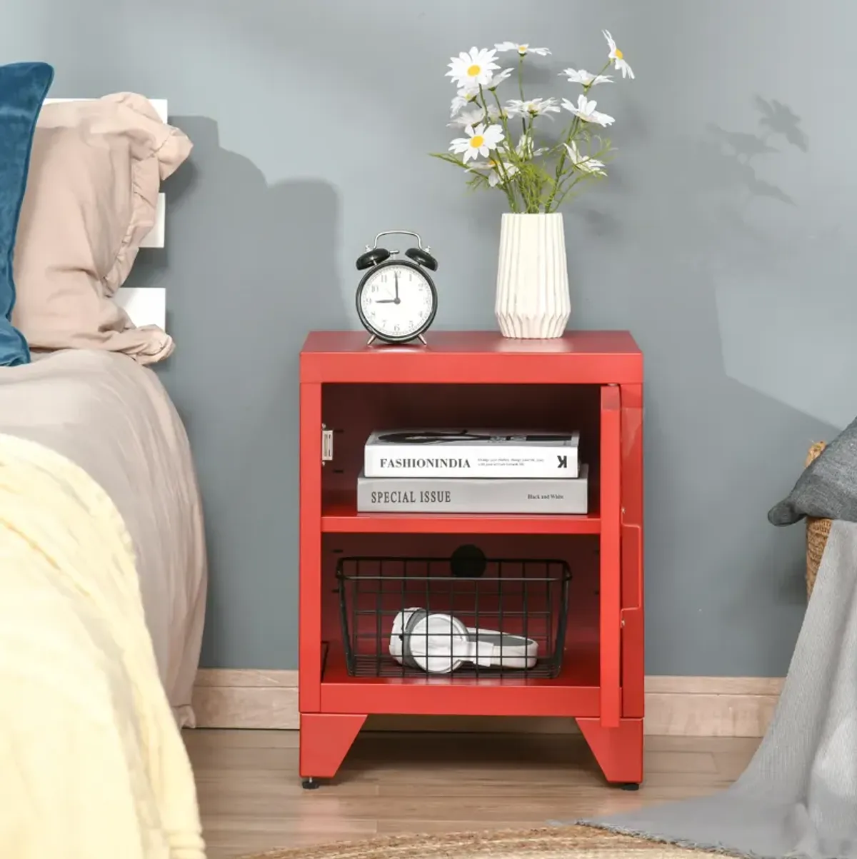 HOMCOM Industrial End Table, Living Room Side Table with Locker-Style Door and Adjustable Shelf, Red