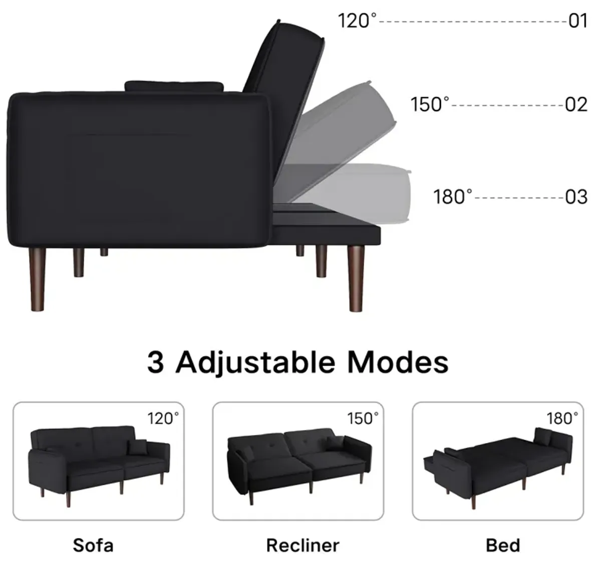 Convertible Sofa Bed With Wood Legs In Cotton Linen Fabric