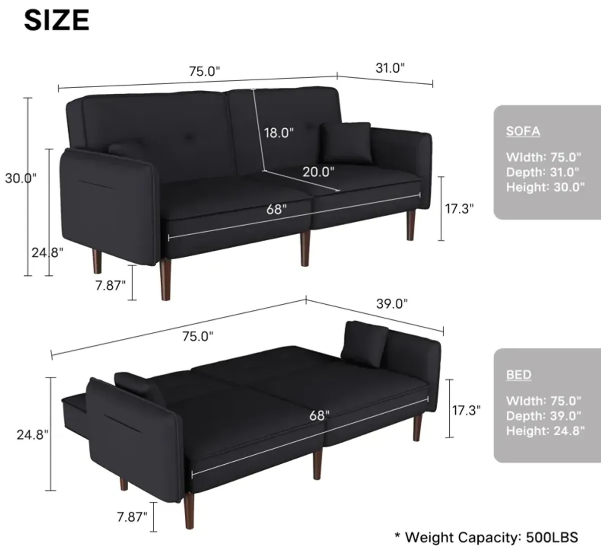 Convertible Sofa Bed With Wood Legs In Cotton Linen Fabric