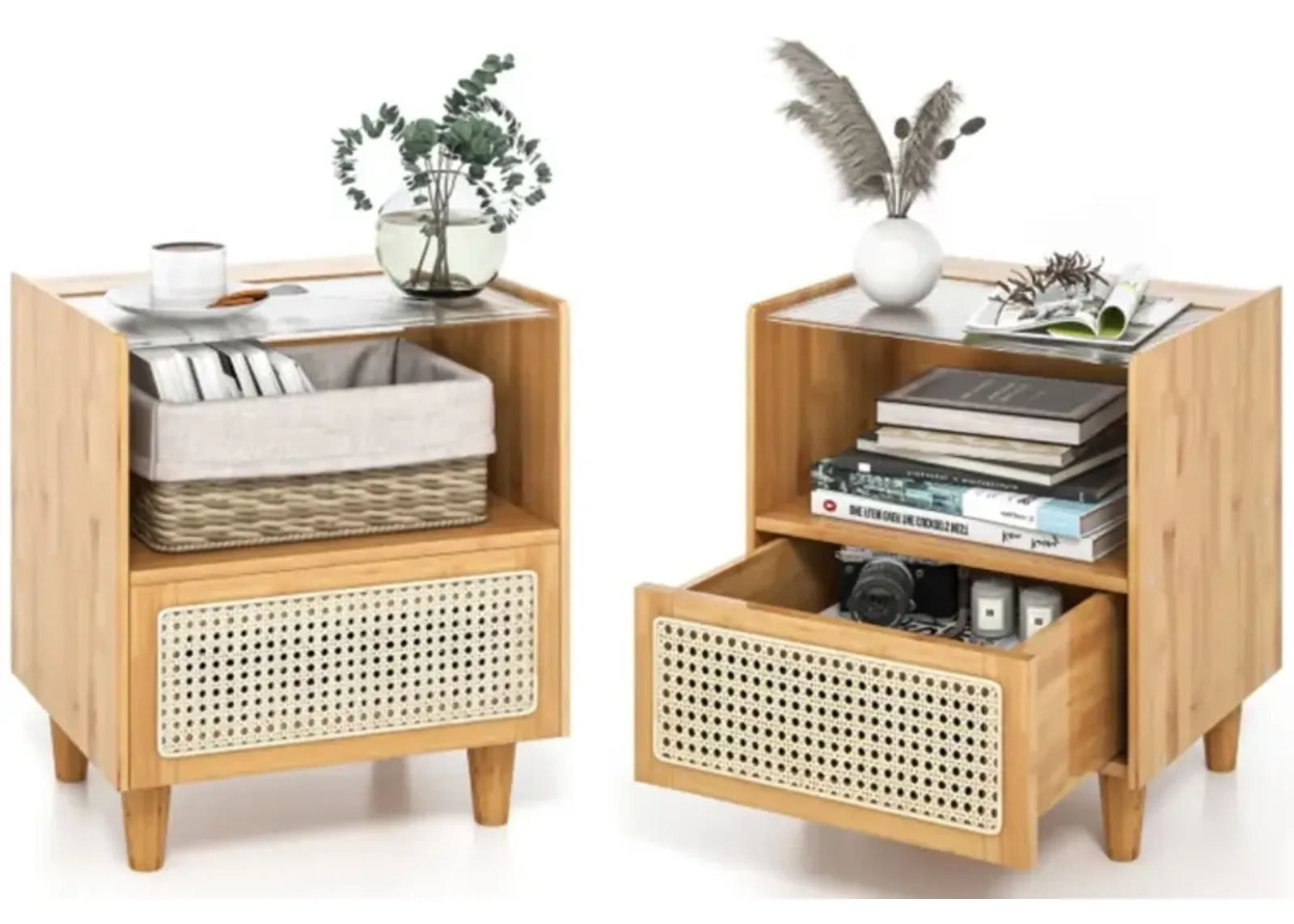 Hivvago 2 Pieces Bamboo Rattan Nightstand with Drawer and Solid Wood Legs