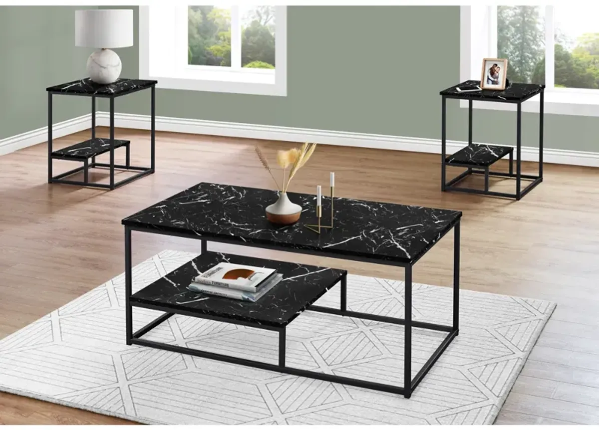 Monarch Specialties I 7964P Table Set, 3pcs Set, Coffee, End, Side, Accent, Living Room, Metal, Laminate, Black Marble Look, Contemporary, Modern