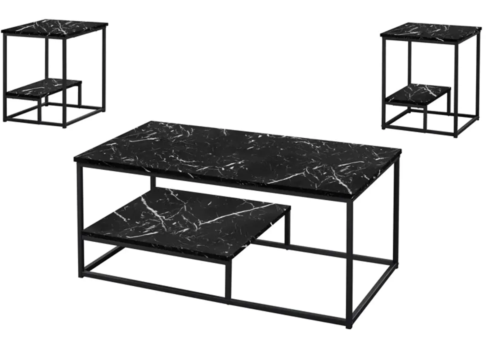 Monarch Specialties I 7964P Table Set, 3pcs Set, Coffee, End, Side, Accent, Living Room, Metal, Laminate, Black Marble Look, Contemporary, Modern