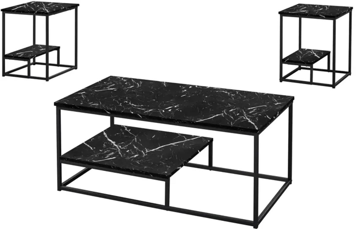 Monarch Specialties I 7964P Table Set, 3pcs Set, Coffee, End, Side, Accent, Living Room, Metal, Laminate, Black Marble Look, Contemporary, Modern