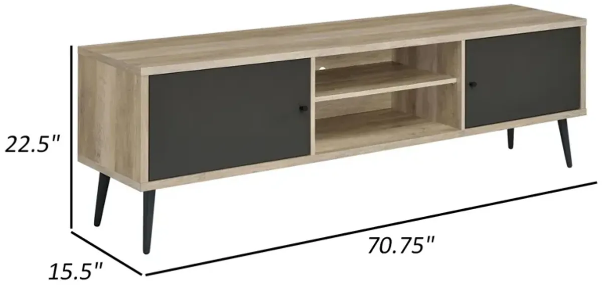 71 Inch TV Media Entertainment Center, 2 Open Compartments, Brown, Gray - Benzara