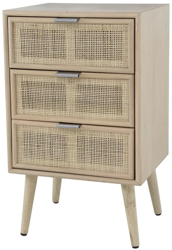 Cae 28 Inch Dresser Chest, 3 Drawers, Pine Wood, Rattan Panels, Brown-Benzara