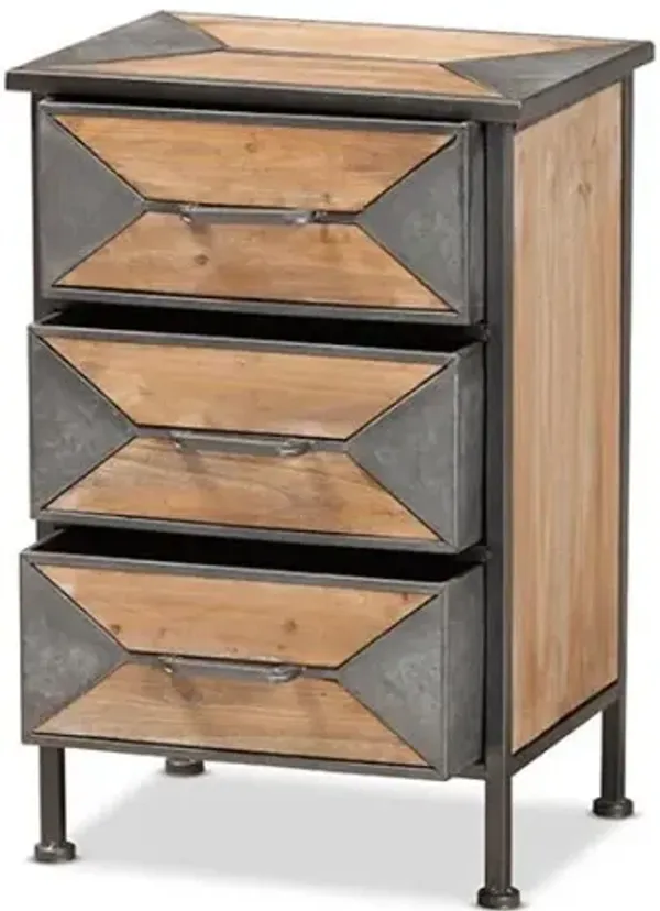 Baxton Studio Laurel Rustic Industrial Antique Grey Finished Metal and Whitewashed Oak Brown Finished Wood 3-Drawer Nightstand
