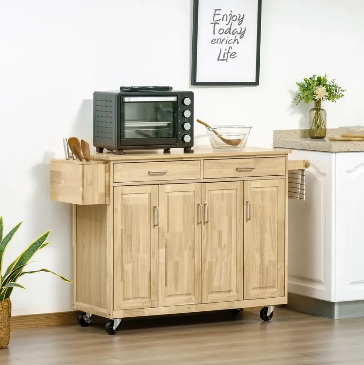 Natural Kitchen Island: 54" Wide Cart with Drawers and Tool Caddy