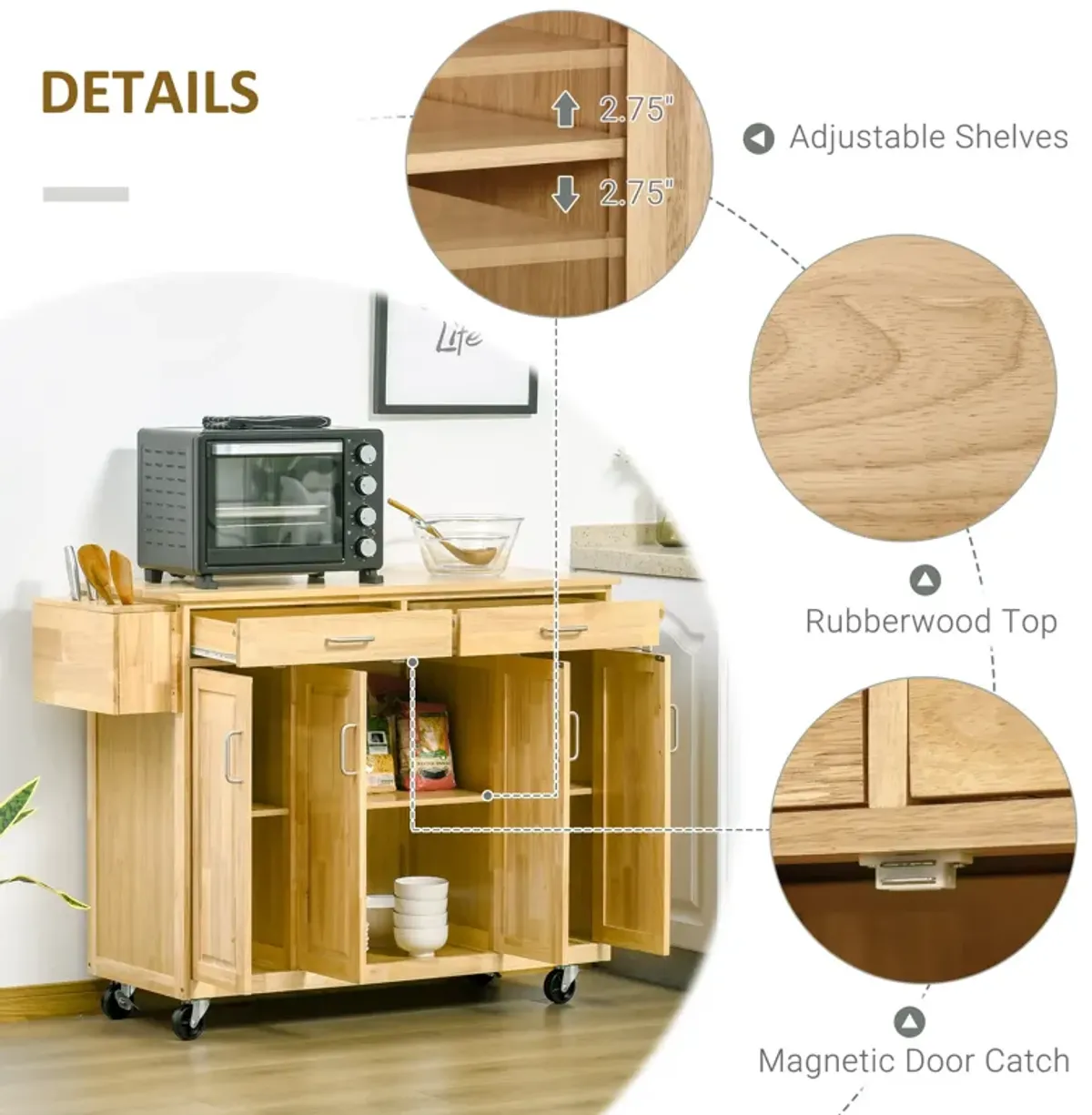 Natural Kitchen Island: 54" Wide Cart with Drawers and Tool Caddy