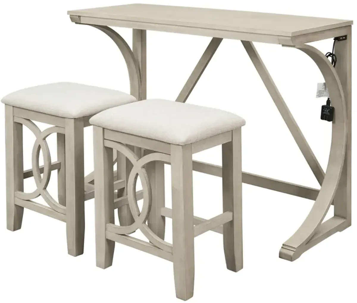 Farmhouse 3-Piece Counter Height Dining Table Set With USB Port And Upholstered Stools