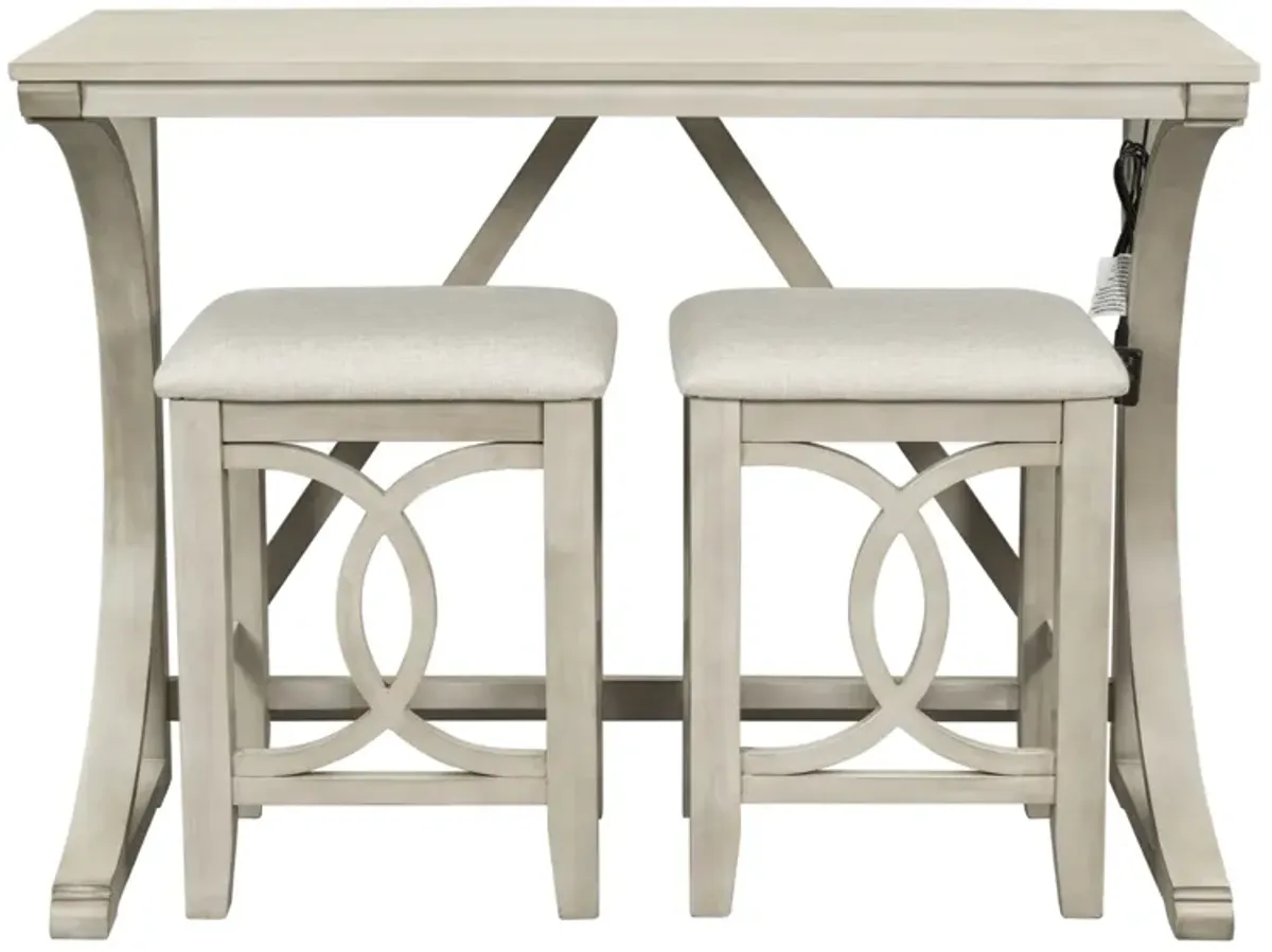 Farmhouse 3-Piece Counter Height Dining Table Set With USB Port And Upholstered Stools