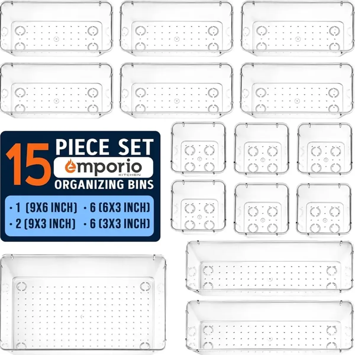 Drawer Organizer Set - Includes 1-piece 9x6 bins, 2-piece 9x3 bins, 6-piece 6x3 Bins, 6-piece 3x3 Bins, Stackable 4 Size Storage Trays for Makeup, Kitchen, and Office,15 Pack