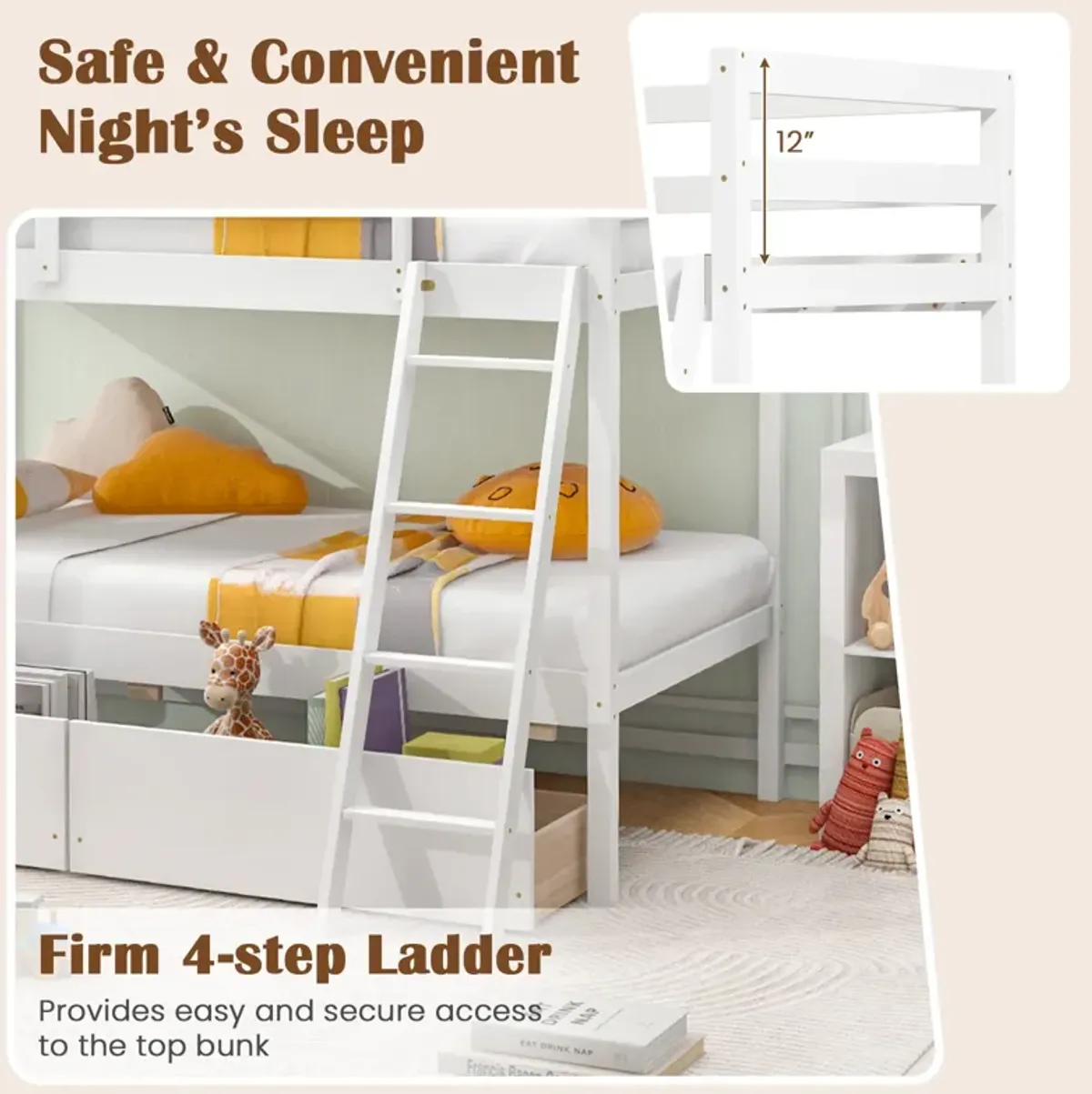 Twin Over Twin Bunk Bed Wood Bed Frame with 2 Storage Drawers and Ladder-White