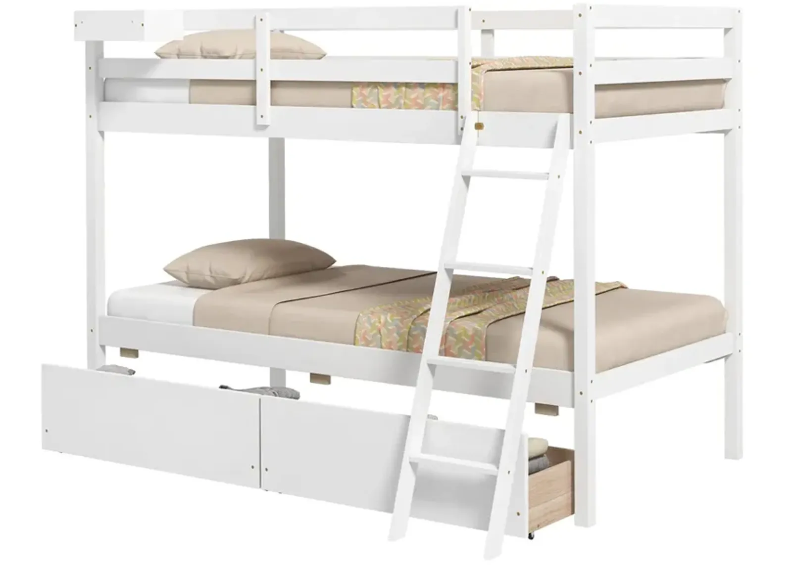 Twin Over Twin Bunk Bed Wood Bed Frame with 2 Storage Drawers and Ladder-White