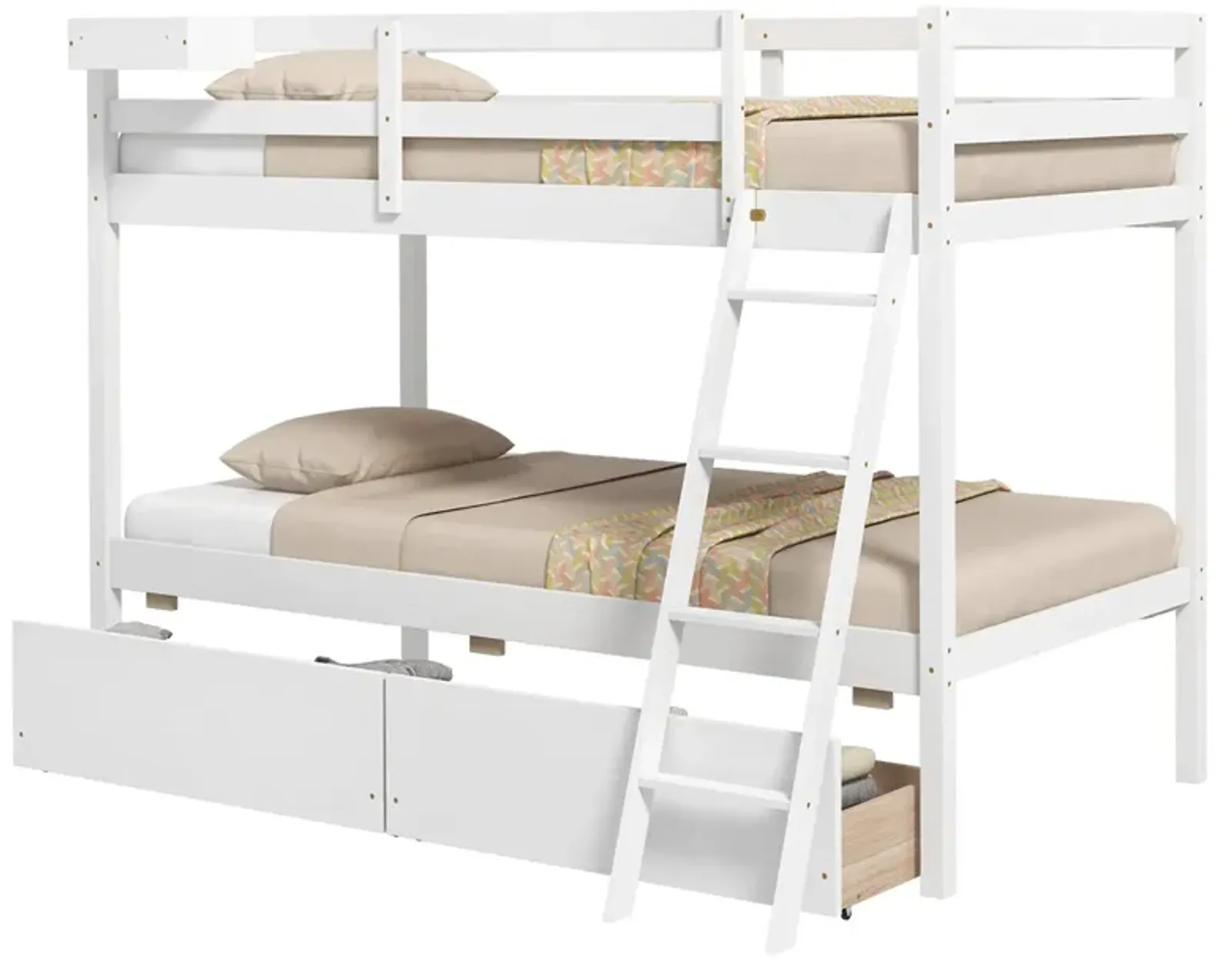 Twin Over Twin Bunk Bed Wood Bed Frame with 2 Storage Drawers and Ladder-White