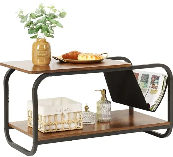 Hivvago Modern 2-Tier Coffee Table with Magazine Book Holder Sling in Brown Wood Finish