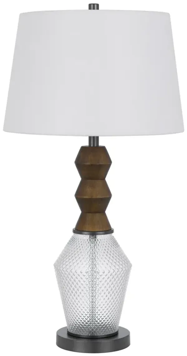 Hay 33 Inch Table Lamp, Diamond Pattern Glass Base, White Fabric Shade - Benzara