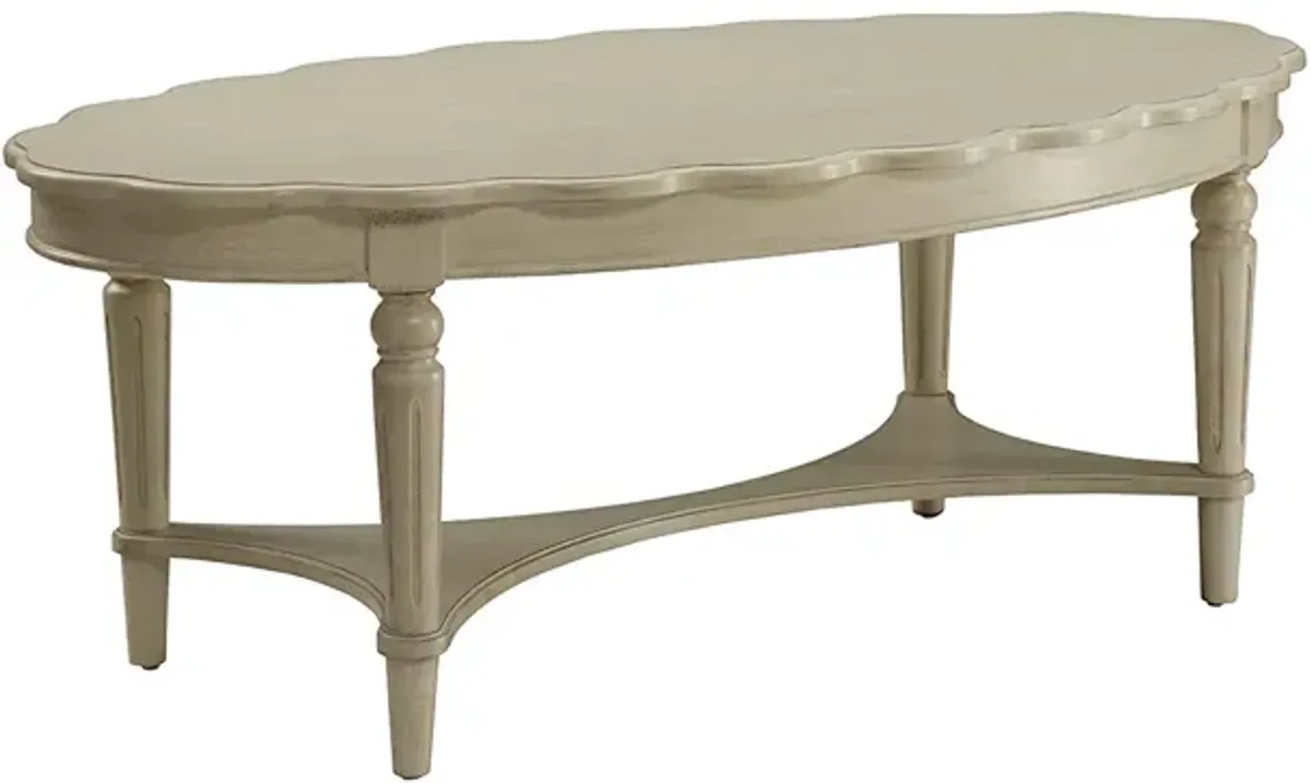 Yardlio Coffee Table- Antique White, French Country-Inspired Oval Leg Coffee Table with Bottom Shelf, Wooden Top & Apron, Solid Wood Turned Leg