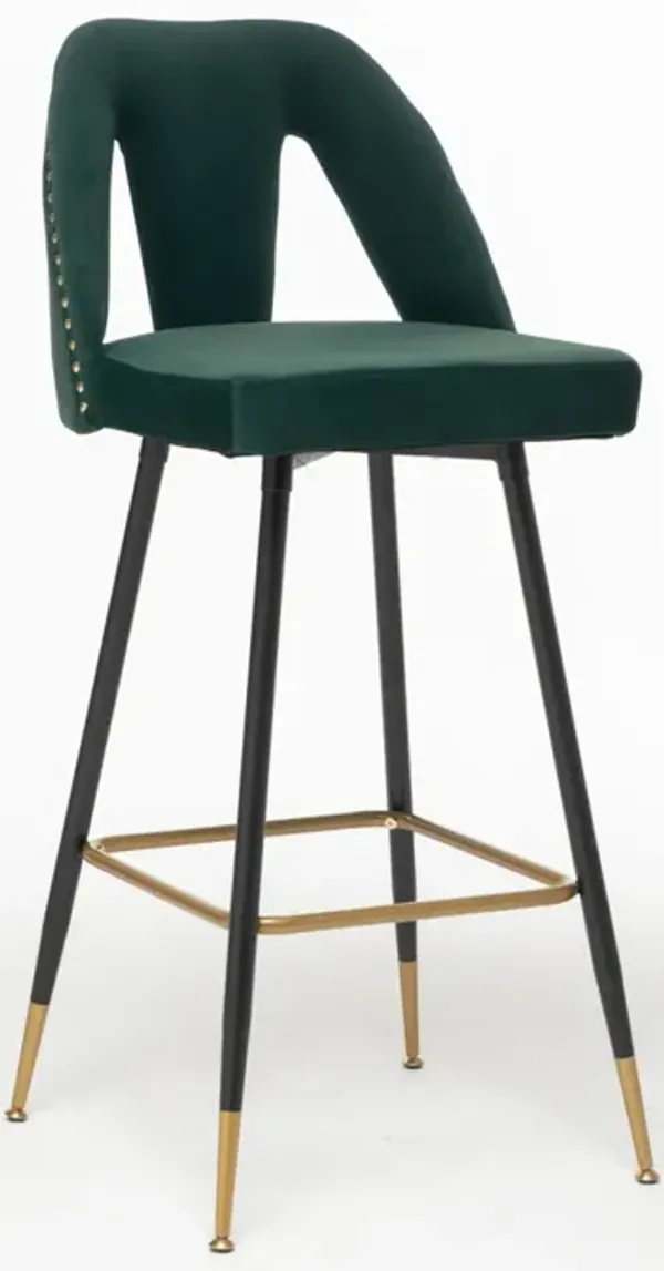 Modern Velvet Upholstered Barstools with Nailheads, Set of 2 (Green)