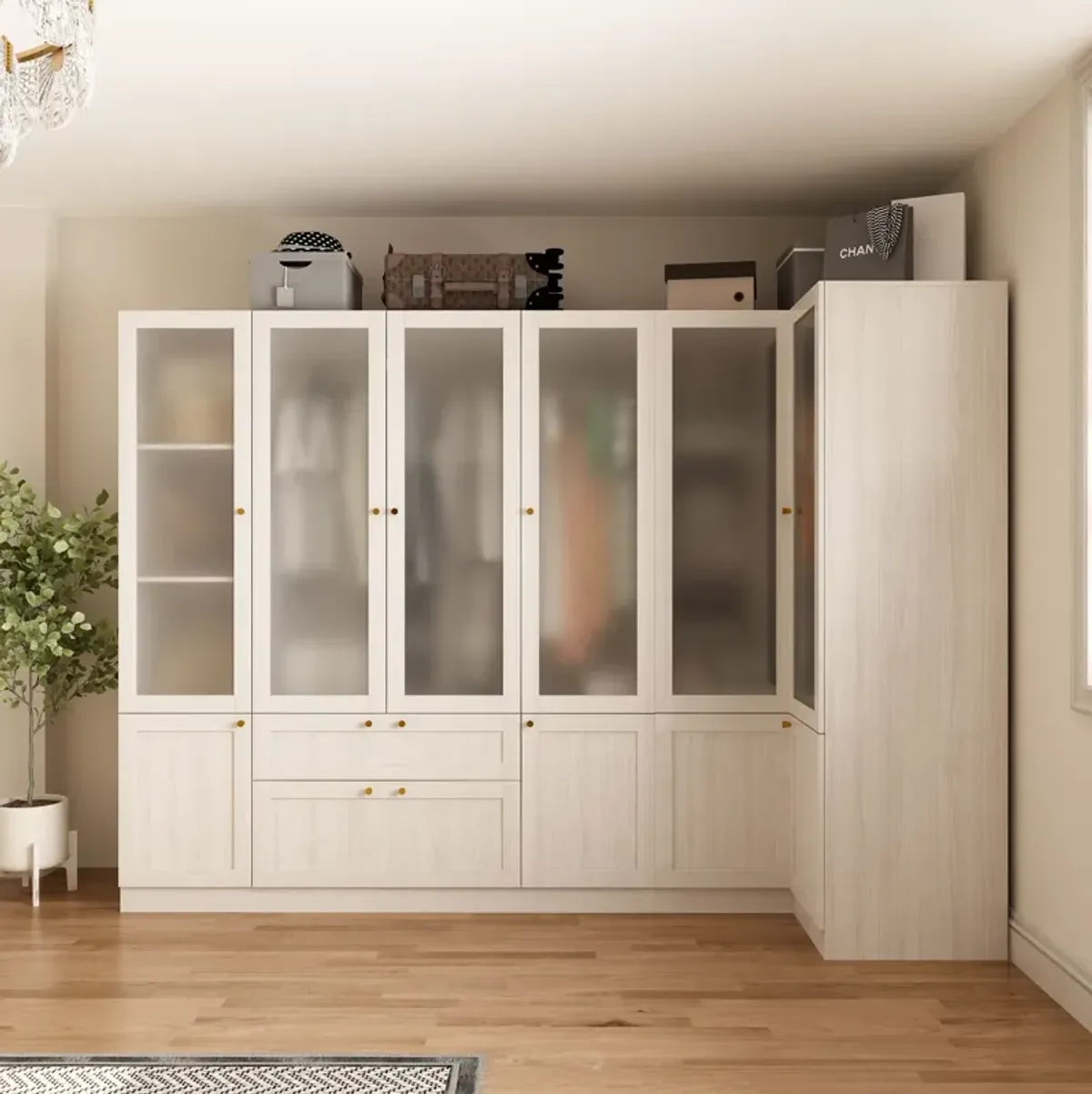 FUFU&GAGA Large Modular Wardrobe Closet System with Frosted Glass Doors, Gold Handles, Hanging Rods & Drawers (98.4" W x 19.9" D x 70.9" H),White