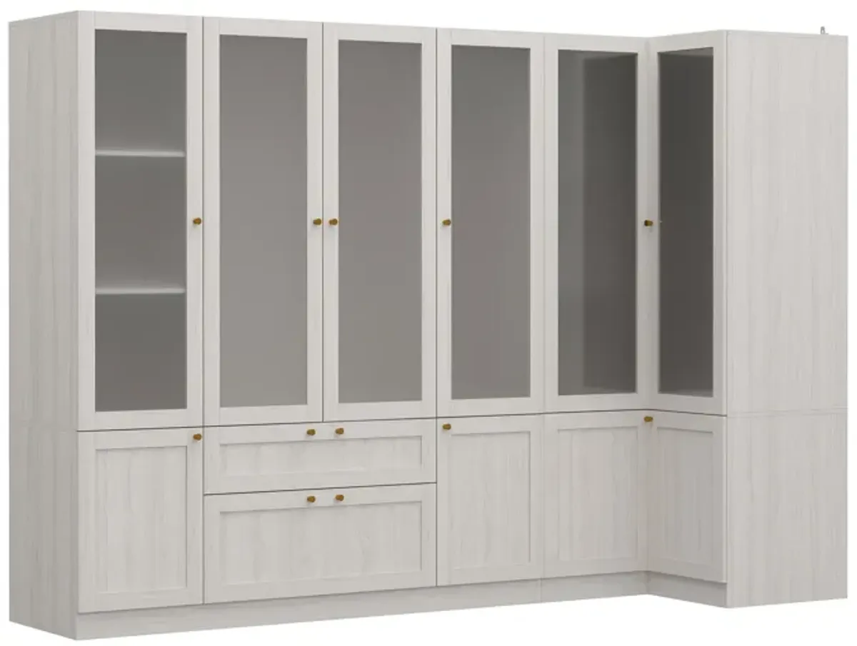 FUFU&GAGA Large Modular Wardrobe Closet System with Frosted Glass Doors, Gold Handles, Hanging Rods & Drawers (98.4" W x 19.9" D x 70.9" H),White