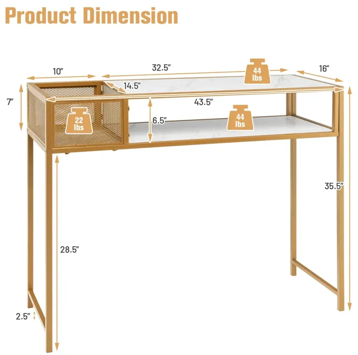 Faux Marble Console Table with Wire Baske for Hallway and Living Room-White