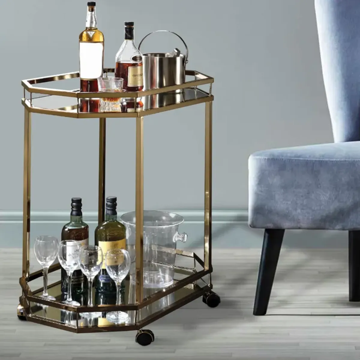 Metal Serving Cart, Mirror & gold-Benzara