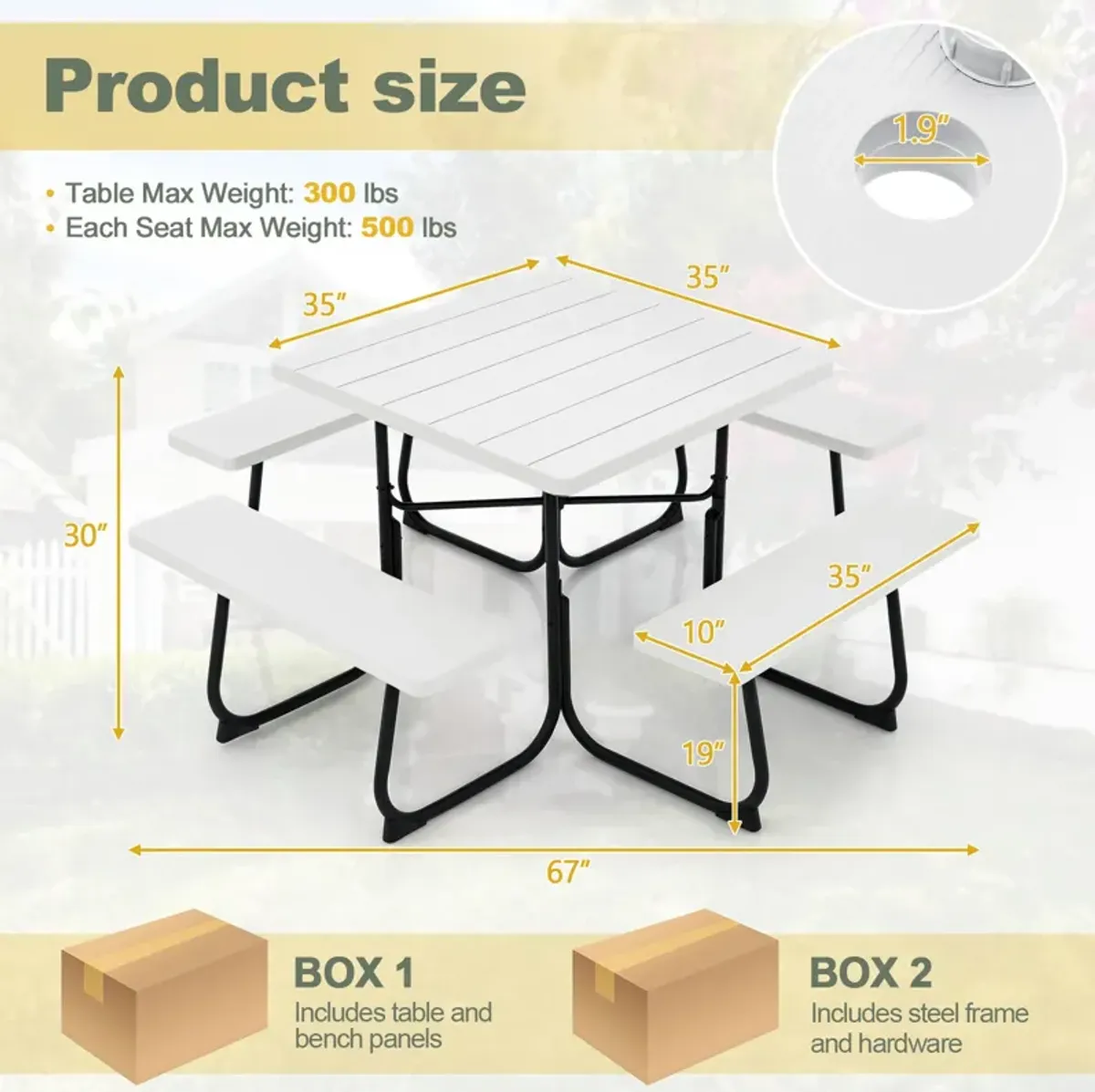 Outdoor Picnic Table with 4 Benches and Umbrella Hole